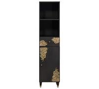 ATOMSTACK MAKER Armoire de salle de bain en bois massif de mangue, 38 x 33 x 160 cm, noir avec sérigraphie dorée, 1 tiroir et 1 porte encastrée, poignées et pieds en laiton, pour salle de bain/couloir