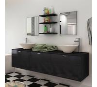 Atosonza Lot de 10 meubles de salle de bain avec meuble sous lavabo, 2 miroirs, robinets en bois, 180 x 45 x 45 cm, avec étagères et étagères pour salle de bain, WC d'invités, espace de rangement et