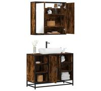 Atosonza Lot de 2 meubles de salle de bain en bois de chêne fumé avec meuble sous lavabo et armoire à miroir, 80 x 33 x 60 cm, montage mural, espace de rangement pour salle de bain et WC d'invités