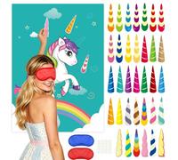 ATQCK 1 Set Jeu de Fête Licorne Anniversaire, avec Une Affiche, 34 Autocollants Cornes, 2 Bandeaux Yeux, 20 Points Colle, Fournitures de Fête de Licorne pour Anniversaire Noel Cadeau