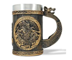 AtSKnSK Chope à bière viking en acier inoxydable avec une anse mythologie nordique marteau de Thor arbre de vie café chope à bière valhalla cadeau viking pour hommes et femmes (marteau de Thor)
