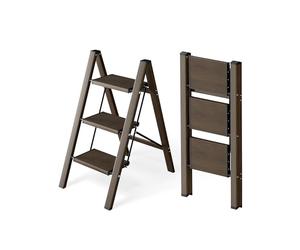 Attestierer Échelle Pliable 3 Marches, Tabouret Escalier Aluminium | Capacité 150 Kg, Échelle Pieds Antidérapants & Larges Marches, Usage Intérieur-Extérieur, Design Aspect Bois, Marron Foncé