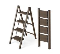 Attestierer Échelle Pliable 4 Marches, Tabouret Escalier Aluminium | Capacité 150 Kg, Échelle Pieds Antidérapants & Larges Marches, Usage Intérieur-Extérieur, Design Aspect Bois, Marron Foncé