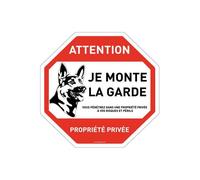 AUA SIGNALETIQUE - Panneau octogonal Propriété Privée Attention Chien Je Monte la Garde - Ø 180 mm, Vinyl adhésif