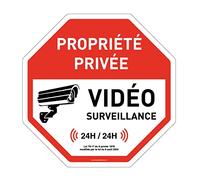 AUA SIGNALETIQUE - Panneau octogonal Propriété Privée sous vidéo Surveillance 24h/24 - Ø 300 mm, Aluminium Dibond 3mm
