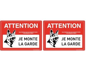 AUA SIGNALETIQUE - Panneau Prépercé (4 trous) angles arrondis Avec Liseret - PVC Rigide 1.5 mm - (210 x 150 mm, Attention Chien Je monte la Garde) (Lot de 2)