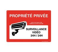 AUA SIGNALETIQUE - Panneau Prépercé avec Angles arrondis - Propriété Privée Surveillance Vidéo 24H/24-420 x 300 mm, Aluminium Dibond 3mm