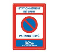 AUA SIGNALETIQUE - Panneau Prépercé avec Angles arrondis - Stationnement Interdit Parking Privé - Fourrière - 350x490 mm, Aluminium Dibond 3mm