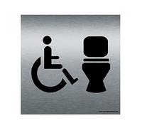 AUA SIGNALETIQUE - Plaque de porte Aluminium brossé imprimé AluSign - Double Face adhésif au dos (130 x 130 mm, WC Handicapé)