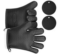 AUAUY 1 Paire Gants de Cuisine en Silicone avec 2 Maniques, Gants de Four Résistant à La Chaleur jusqu'à 240 °C, Gants de Cuisine Antidérapants pour Grillades, Cuisine, Four, Micro-Ondes, Noir