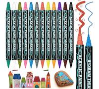 AUAUY 12 Couleurs Feutre Marqueur Acrylique Double Pointe Pinceau | Feutre Acrylique, Feutre Peinture Acrylique pour Galet, Cuir, Textile, Verre, Plastique, Bois Stylos Peinture