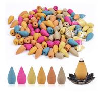 AUAUY Cônes d'Encens à Reflux, 120 Pcs Cônes Encens Naturel avec 1 Porte-Encens, 6 Parfums Naturels Dont Rose, Jasmin, Océan, Bois de Santal et Plus Encore, Parfaits pour Méditation, Yoga, Détente