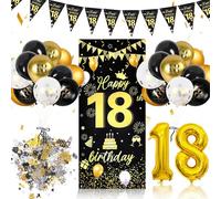 AUAUY Décoration Anniversaire 18 ans, Deco Anniversaire 18 Ans Noir Or | Deco anniversaires Banderole Bannière Triangulaire Ballons Joyeux Anniversaires, Confettis, Fond Photo pour Femme Homme
