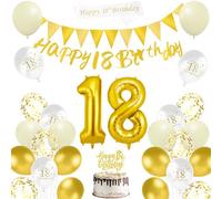 AUAUY Décoration Anniversaire 18 Ans Femme Homme, Blanc et or kit de ballon joyeux anniversaire, Happy 18th Birthday Bannière, Balloons, Fanion, écharpe, Décoration de gâteau, Ruban, pour Célébration