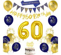 AUAUY Décoration Anniversaire 60 Ans Femme Homme, Bleu et or kit | joyeux anniversaire, Happy 60th Birthday Bannière, Balloons, Fanion, écharpe, Décoration de gâteau, Ruban, pour Célébration