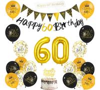 AUAUY Décoration Anniversaire 60 Ans Femme Homme, Noir et Or kit | joyeux anniversaire, Happy 60th Birthday Bannière, Balloons, Fanion, écharpe, Décoration de gâteau, Ruban, pour Célébration