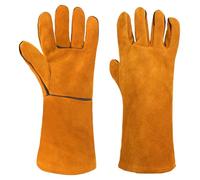 AUAUY Gants de Barbecue en Cuir, Gants de Four Anti Chaleur, Jaune | Gants de Soudage, Résistant au Feu et à la Chaleur, pour Le Barbecue, Pâtisserie, Four, Soudure, Cheminée, Jardinage
