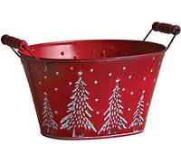 Aubry Gaspard - Corbeille Métal Sapins Noël Rouge - Anses Bois - 22.5 x 17 x 12.5 cm - Hauteur avec Anses 15 cm - Léger 0.25 kg - Idéale Décoration Festive et Accueil