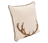AUBRY GASPARD - Coussin en Lin et Coton Beige - Imprimé Cerf avec Liseré Marron - Déhoussable - Garni 100% Fibre Polyester - Dimensions 40X40 cm - Naturel - Beige