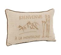 AUBRY GASPARD - Coussin en Lin et Coton - Brodé Beige Bienvenue à la Montagne - 50 x 30 cm - Déhoussable - 30% Lin, 25% Polyester, 25% Coton, 20% Viscose - Ambiance Chaleureuse