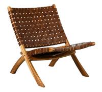 AUBRY GASPARD - Fauteuil Pliant Teck Cuir Vache Tressé - Finition Aniline Brun - Cuir Pleine Fleur - 65x79xH68 cm - Hauteur Siège 39 cm - Livré Monté - Poids 8.3 kg