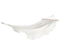 AUBRY GASPARD - Hamac Coton Écru Franges Macramé - 18 Cordes - 200x100 cm - Longueur Totale 280 cm - Barres Bois Robustes - Confort et Résistance Extérieur