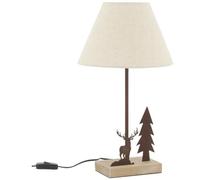 AUBRY GASPARD - Lampe Métal Bois - Pieds Bois - Décor Amovible Sapin Cerf - Finition Vieillie Patinée - Ø 25 cm x H 45 cm - Ampoule E27 - Interrupteur Intégré - Style Naturel