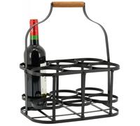 AUBRY GASPARD - Panier Bouteilles Métal Bois - 6 Bouteilles - Noir Naturel - 33.5x22.5x37 cm - Réceptacles 10.2 cm - Poignée Bois - Idéal Transport Rangement Vin Bière