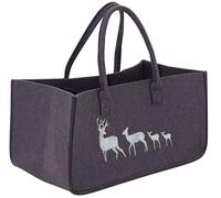 AUBRY GASPARD - Sac à Bûches Feutrine Gris Foncé Cerfs 50 x 25 x 25 cm | Feutrine épaisse et rigide · 2 anses en feutrine · Bûches, plaids, pelotes · Décor brodé