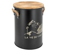 AUBRY GASPARD - Tabouret et Seau À Pellets en Métal Décor Montagne avec Couvercle en Sapin et 2 Anses en Corde - Tamis Récupérateur De Poussières - Ø35 H45 - Couleur Montagne - Taille 35X45 cm