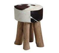 AUBRY GASPARD - Tabouret Rond en Peau de Vache - Noir et Blanc Naturel - Pieds en Bois - Ø 30 cm x Hauteur 45 cm - Confortable et Élégant pour Salon, Chambre ou Bureau - Solide et Facile à Entretenir