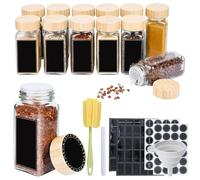 Aufun Lot de 12 pots à épices carrés avec couvercle en bois, insert à dispersion, étiquettes pré-imprimées, pots à épices avec entonnoir, autocollants vides, brosse de nettoyage, tamis, 4 x 4 x 10 cm