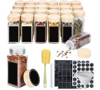 Aufun Lot de 24 pots à épices carrés avec couvercle en bois, insert à dispersion, étiquettes pré-imprimées, pots à épices avec entonnoir, autocollants vides, brosse de nettoyage, tamis, 4 x 4 x 10 cm