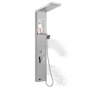 Aufun Panneau de douche en acier inoxydable avec étagère et robinet, colonne de douche 5 fonctions, pluie et brouillard, 4 jets de massage grand angle réglables, douchette et bec de baignoire cascade