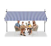 AufuN Store de balcon rétractable manuellement - 350 cm - Rayures bleues et blanches - Sans perçage - Protection solaire en polyester - Résistant aux UV et réglable en hauteur - 350 x 120 cm