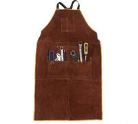 AugustknowU Tablier de soudure robuste en cuir de vache pour protection thermique, résistance aux flammes, taille réglable, outil efficace, plusieurs poches à outils, résistant à la chaleur (marron