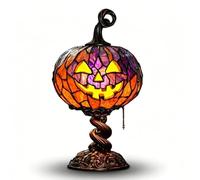 Aukojoy Lampe de table citrouille d'Halloween en vitrail, veilleuse Jack-O-Lanterne, style vintage, alimentation USB, décoration de bureau, D