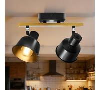 Aulaiyi Spot de Plafond 2 Ampoules, Pivotant 350°, Plafonnier Vintage Plafonnier LED, Douille E14 Lampe Industrielle Grain de Bois pour Cuisine, Salon, Chambre, Noir (Ampoule Non Incluse)