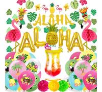 AUNGCSHE 34 PCS Kit de Décoration Hawaïenne Tropicale - Ballons Flamant Rose et Ananas Aluminium, Guirlande Lettres, Feuilles Tropicales pour deco plage, Pool Party Été