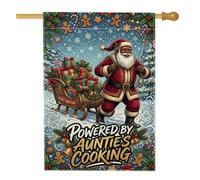 Auntie Cooking Drapeau de maison Père Noël avec citation de Noël 71 x 101 | Biscuit en pain d'épices, drapeau de pelouse, traîneau avec cadeaux, branches de pin, décoration de jardin d'hiver
