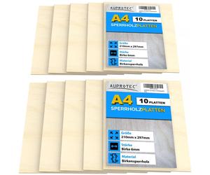 AUPROTEC : 10 plaques de contreplaqué de bouleau, format A4, épaisseur 6 mm. Plaques multiplex (210 mm x 297 mm) en bois de bouleau massif, idéales pour la découpe manuelle et au scie sauteuse. Qualit