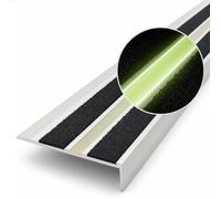 AURA Nez de Marche d’Escalier en Aluminium Antidérapant, Argent & Noir, L90 x P7,7 x H2,1 cm, 2 Bandes en Oxyde d’Aluminium et 1 Bande Photoluminescente, Intérieur et Extérieur