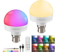 Auraglow Lot de 2 ampoules LED rechargeables sans fil avec télécommande à intensité variable RVB à changement de couleur - Fonctionne avec piles - Adaptateur B22