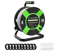 auralab Ruban LED Chantier AC 25m avec Enrouleur, 25000LM 4000K, IP65 Éclairage Temporaire Site, Connectable 100m, Câble 1.5m avec Prise 16A, 10 Crochets & 10 Sangles, Travaux Camping Rénovation