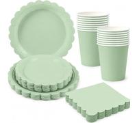 AURALIN Vaisselle de fête festonnée vert sauge 68 pièces pour 16 personnes | Assiettes festonnées en carton 22,9 et 17,8 cm avec gobelets et serviettes pour anniversaire mariage et buffet