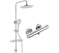 Auralum Chrome Ensemble complet de douche de pluie en acier inoxydable, avec diviseur d'eau en laiton, étagère sans perçage, rond pommeau de douche 250 mm