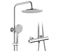 Auralum Colonne de Douche avec Mitigeur Thermostatique, Ensemble de Douche avec Douche de Têtee en ABS Φ25cm, Douchette à 3 Modes, Barre de Douche Extensible, Chromé