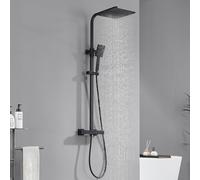 Auralum Colonne de Douche Noire Thermostatique avec Mitigeur en Laiton, Ciel de Douche 25x25cm, Pompe à Main Carrée, Réglable en Hauteur - Kit Complet Salle de Bain