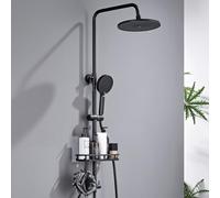 Auralum Colonne de Douche sans Mitigeur avec Inverseur en Laiton, Pommeau de Douche Rond 10" Autonettoyant, Douchette 3 Jets, Flexible PVC et Étagère sans Perçage, Noir
