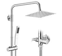Auralum Colonne de Douche Sans Mitigeur Chrome Mat en Laiton, Colonne Télescopique 68-108cm avec Tête de Douche Carrée 8", Douchette Carrée et Flexible PVC, pour Baignoire et Salle de Bain